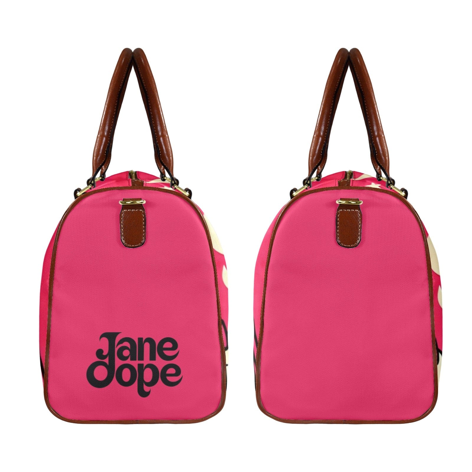 Pink leather-look travel duffel bag, open interior view