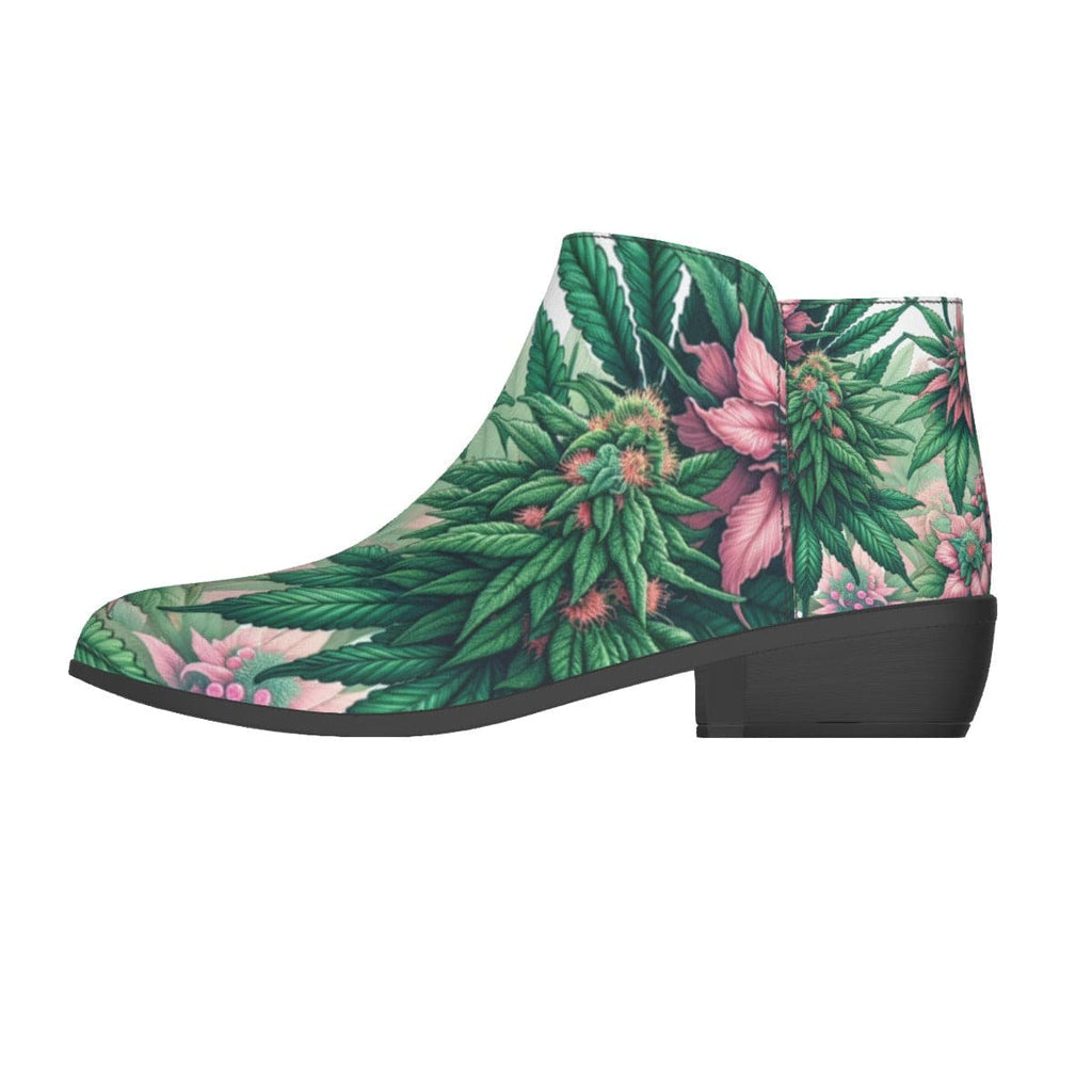 Pink haze print vegan suede ankle booties, top-down view