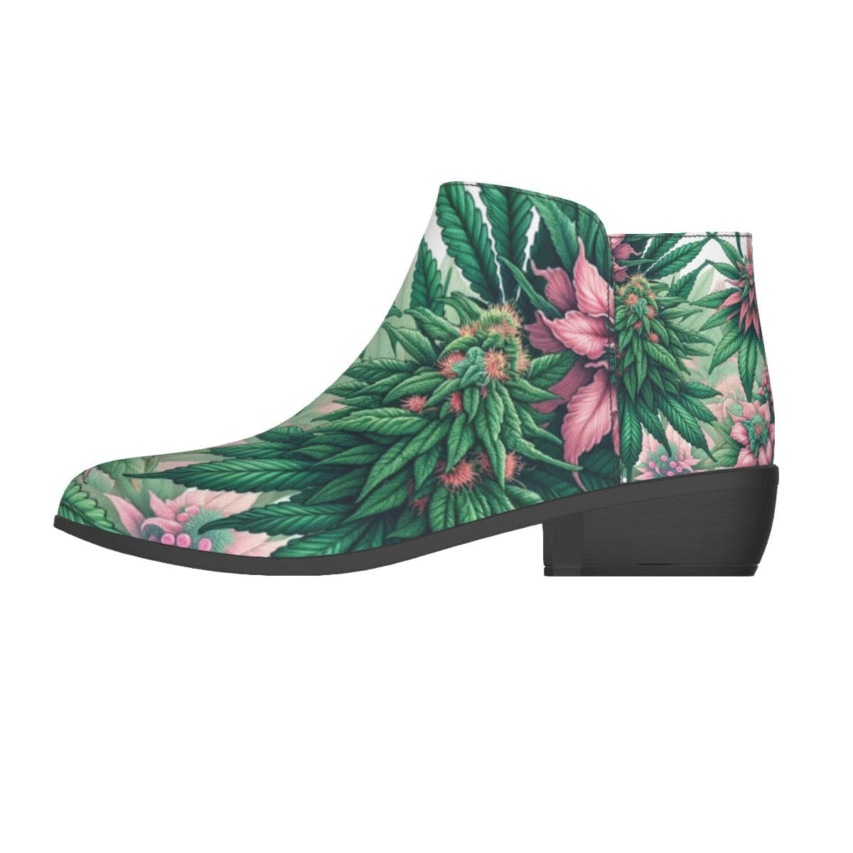 Pink haze print vegan suede ankle booties, top-down view