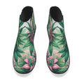 Pink haze print vegan suede ankle booties in white, side profile