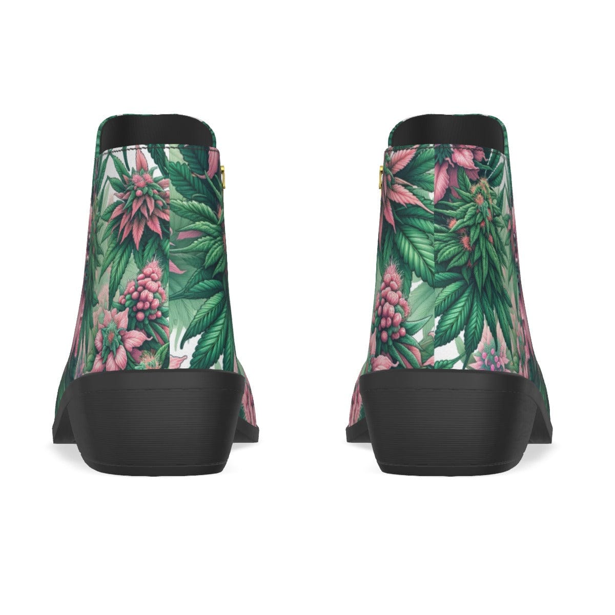 Pink haze print vegan suede ankle booties, zip detail close-up