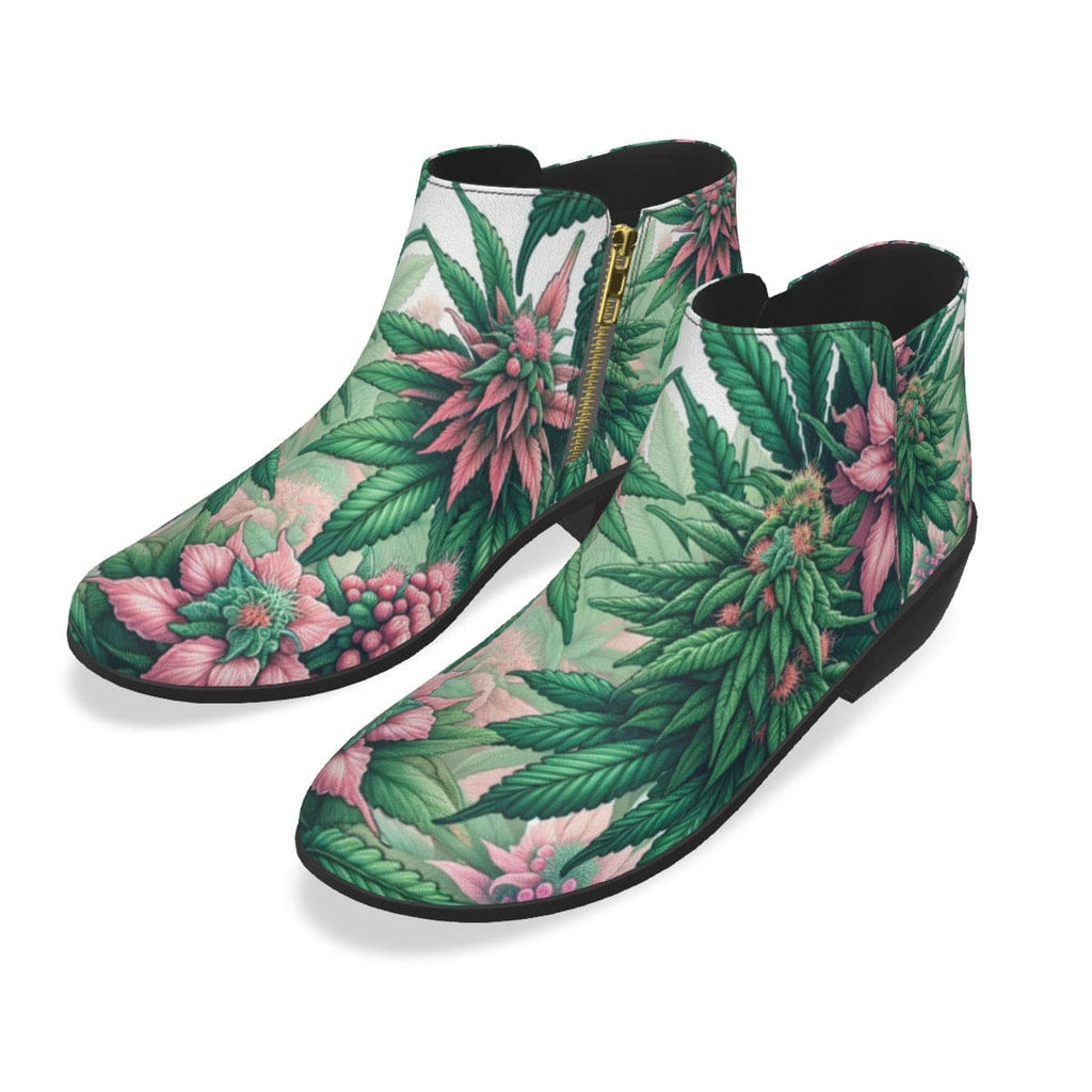 Pink haze print vegan suede ankle booties, back view
