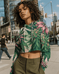 Pink haze floral print cropped hoodie, side view on model
