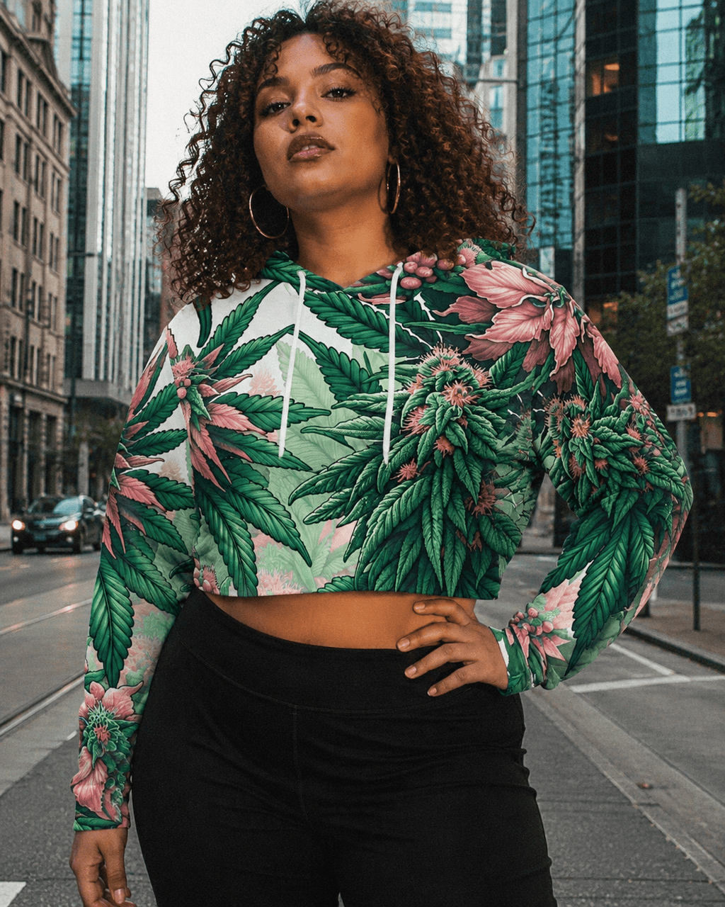 Pink haze floral print cropped hoodie, walking shot on model