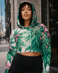 Pink haze floral print cropped hoodie, lifestyle editorial shot on model