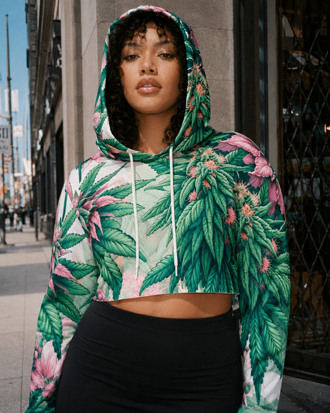 Pink haze floral print cropped hoodie, lifestyle editorial shot on model