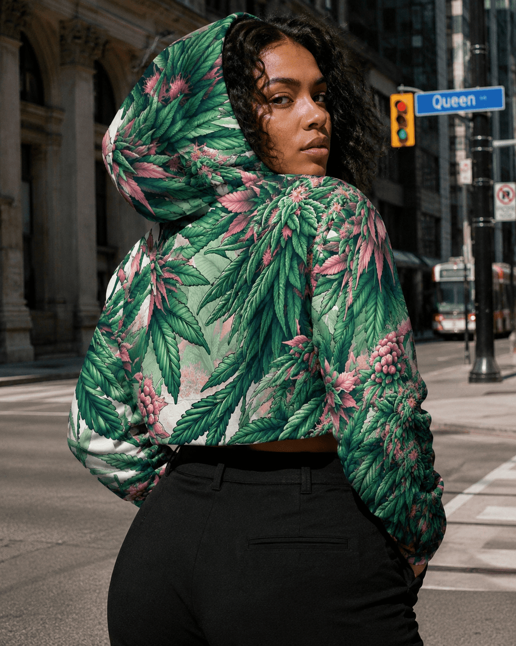 Jane Dope pink haze floral print women's cropped hoodie, back view on model