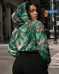 Jane Dope pink haze floral print women's cropped hoodie, back view on model