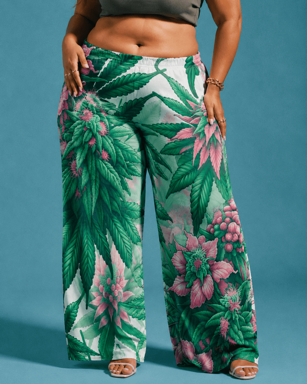 Pink haze floral print wide leg flow pants, full length view on model outdoors