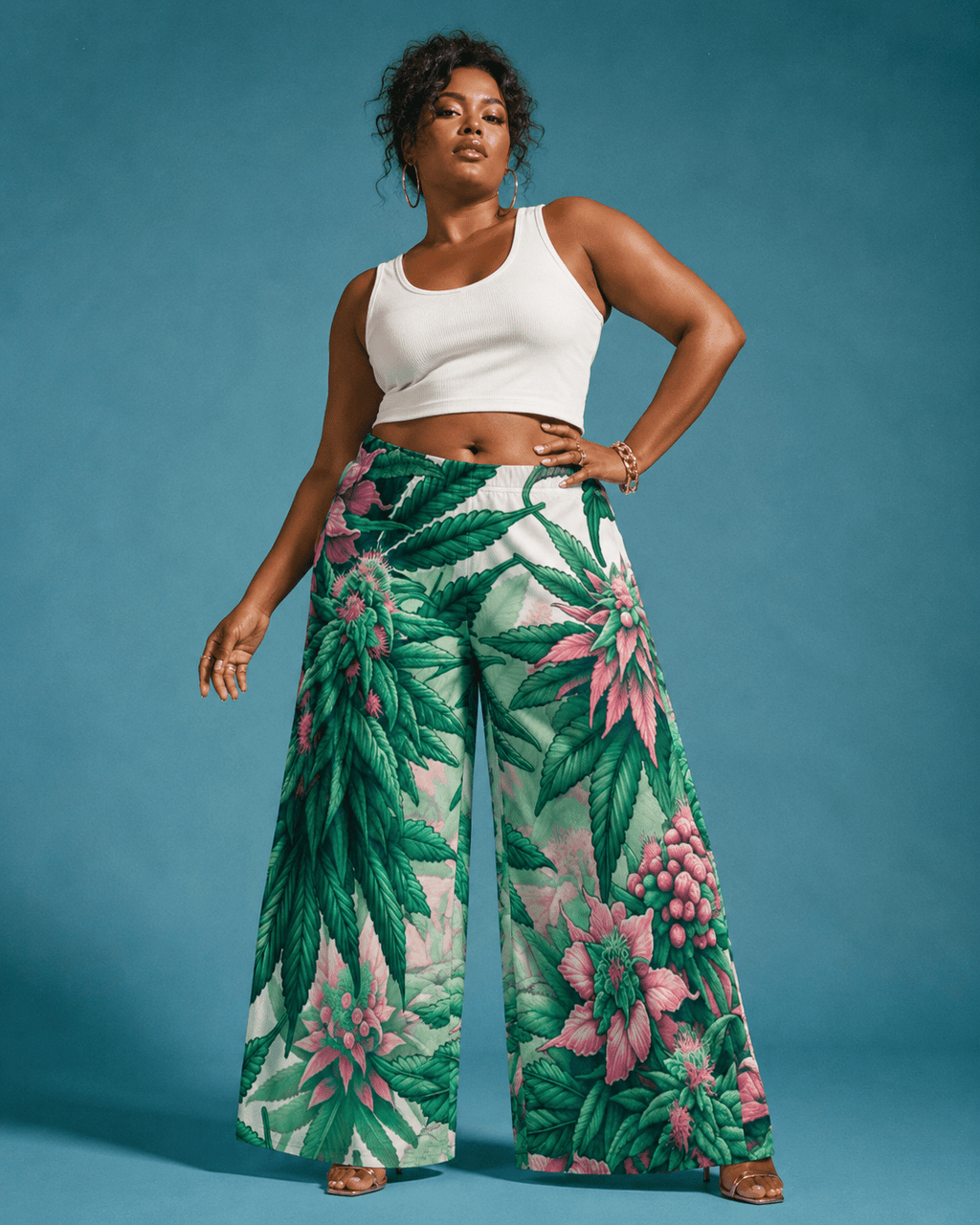 Pink haze floral print wide leg flow pants, walking shot showing fabric movement