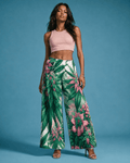 Jane Dope pink haze floral print wide leg flow pants, front view on model