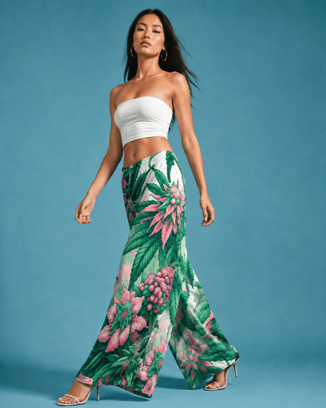 Pink haze floral print wide leg flow pants, three-quarter view on model