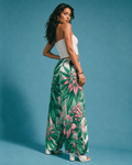 Pink haze floral print wide leg flow pants, side view on model
