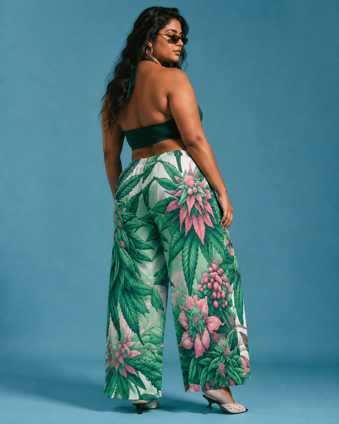 Pink haze floral print wide leg flow pants, lifestyle editorial shot on model
