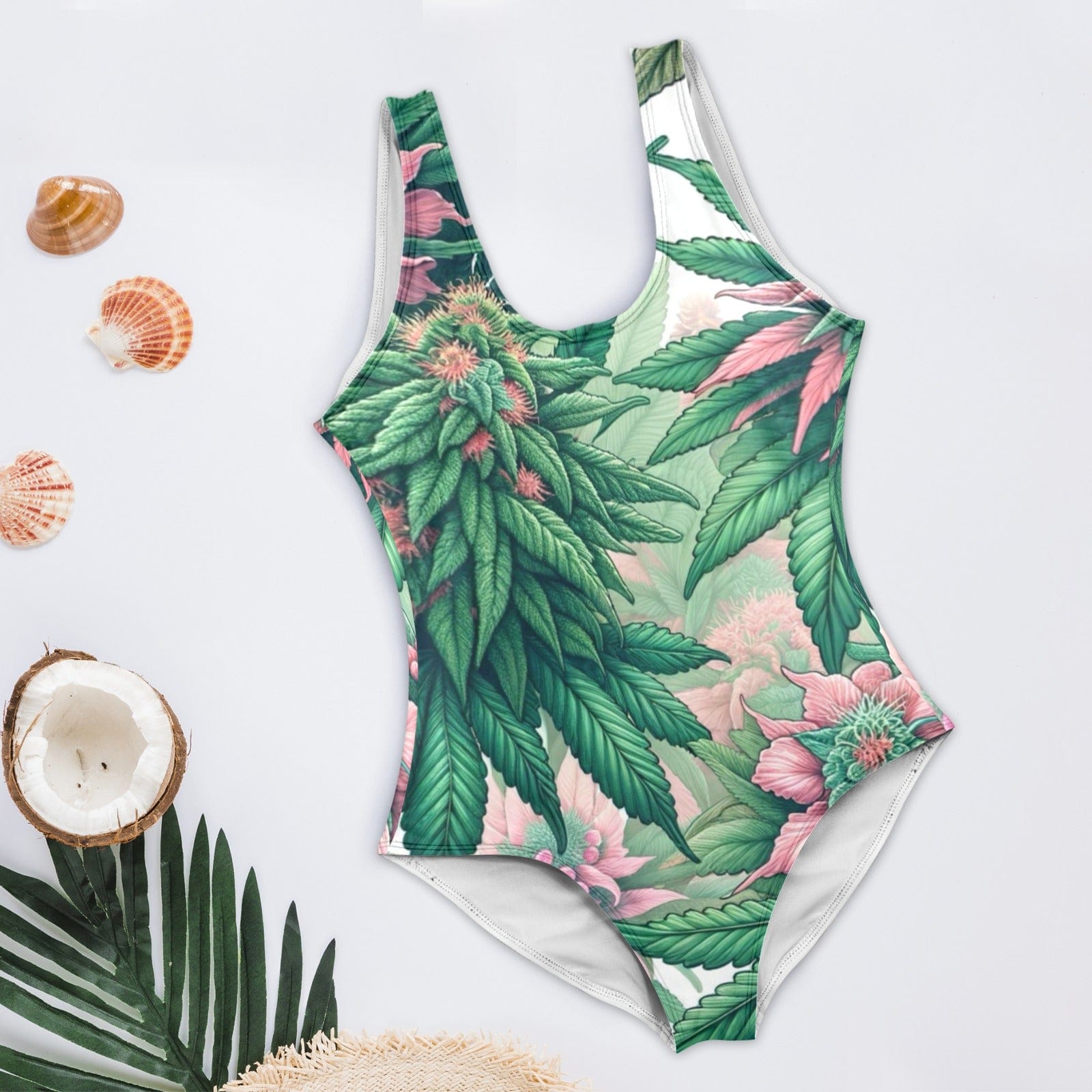 Pink haze floral print high-cut backless swimsuit, side view on model