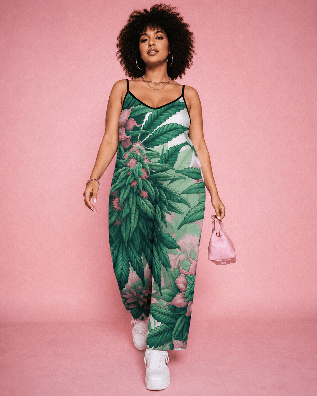 Pink haze floral print long jumpsuit, lifestyle editorial shot on model