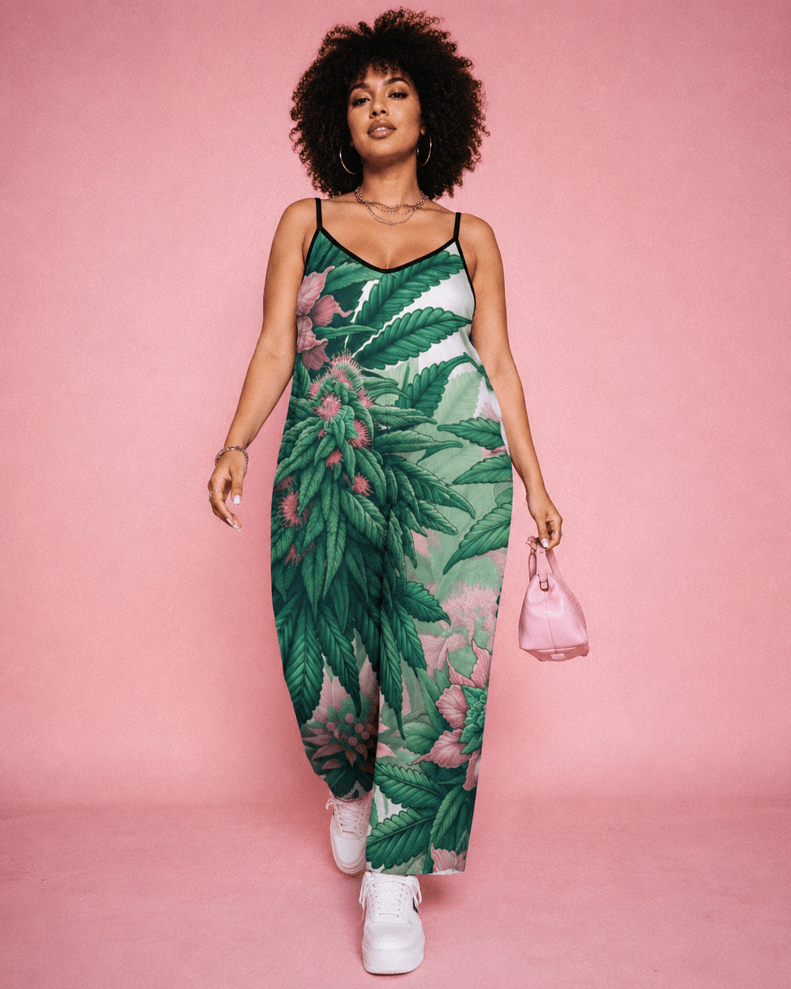 Pink haze floral print long jumpsuit, lifestyle editorial shot on model