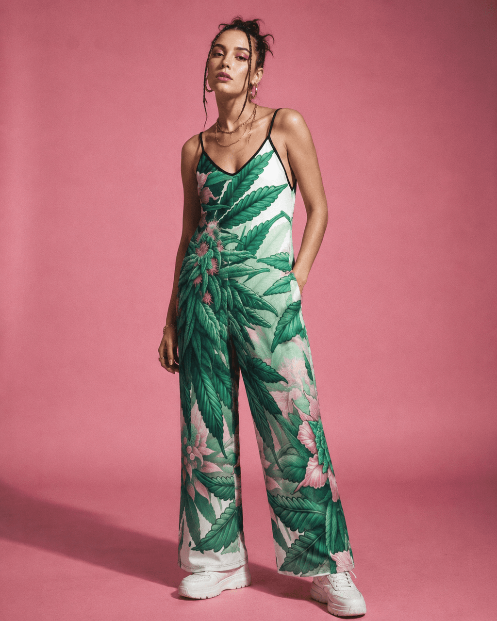 Pink haze floral print long jumpsuit, back view on model