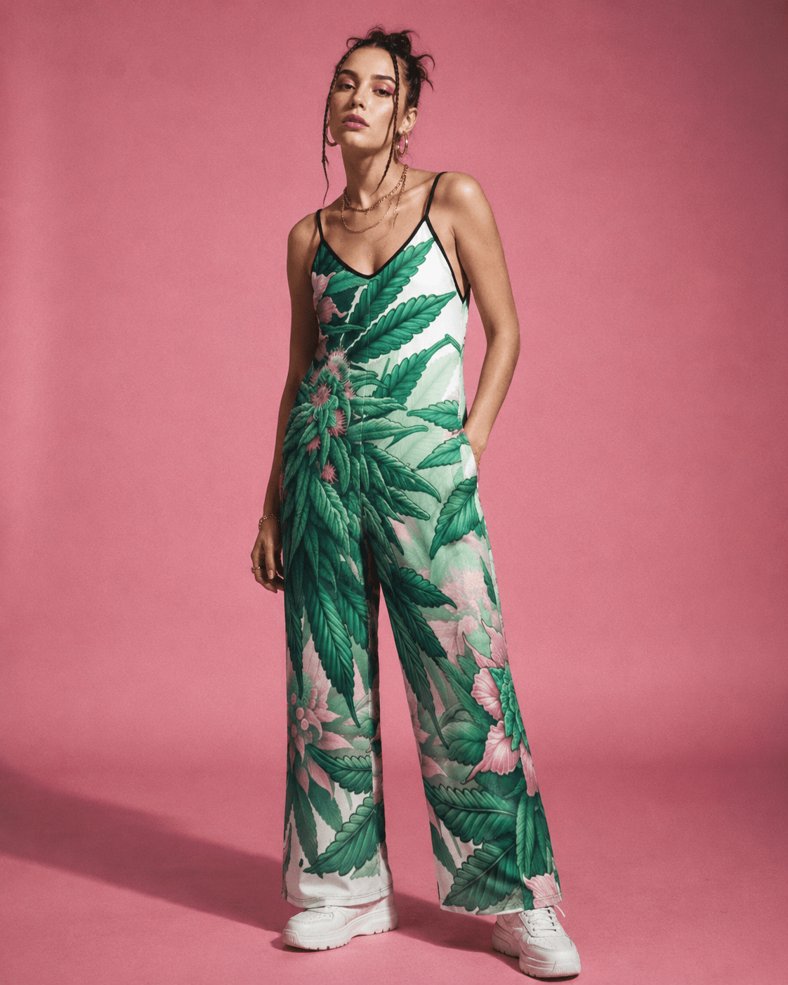 Pink haze floral print long jumpsuit, back view on model