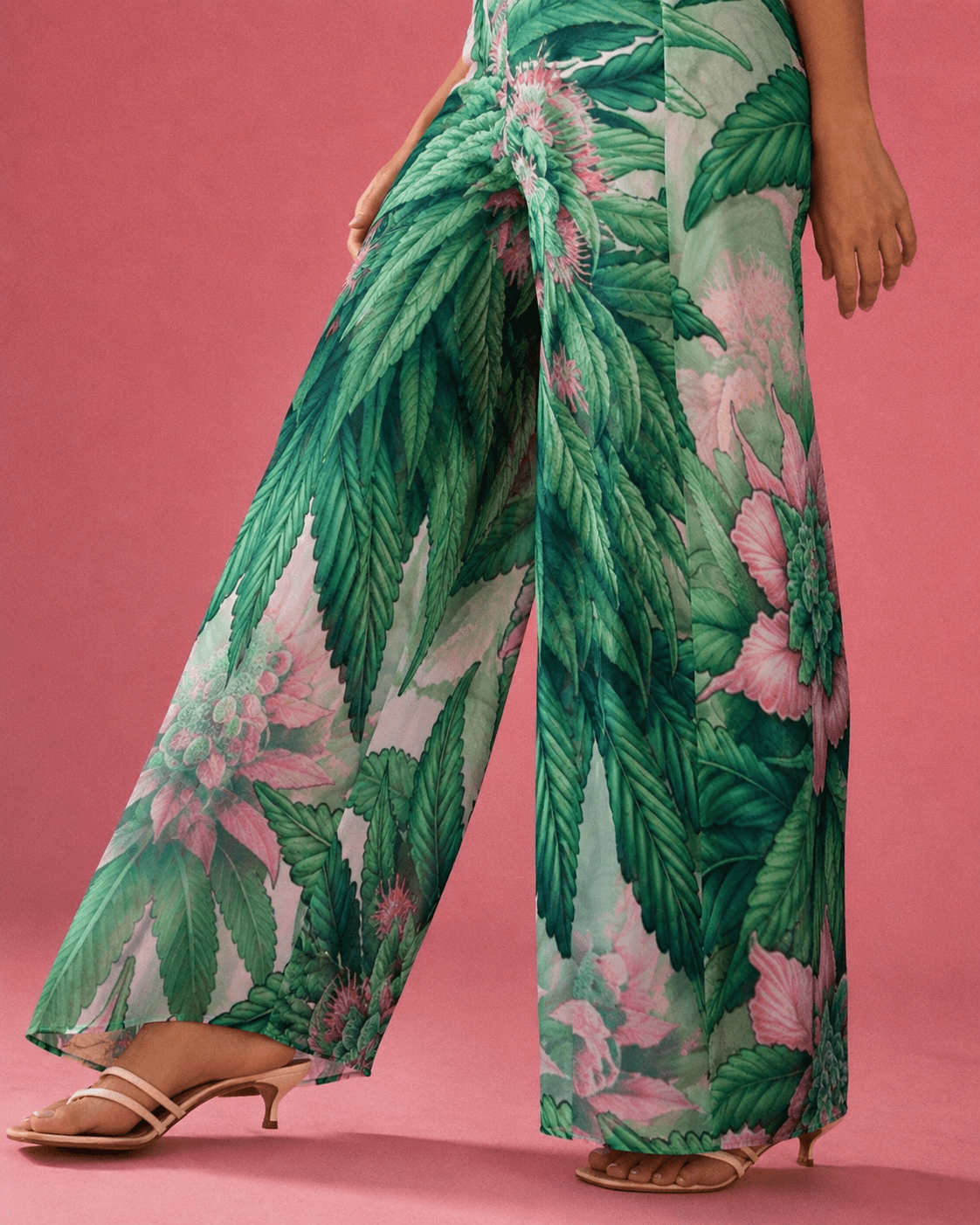 Pink haze floral print long jumpsuit, close-up showing fabric and print detail