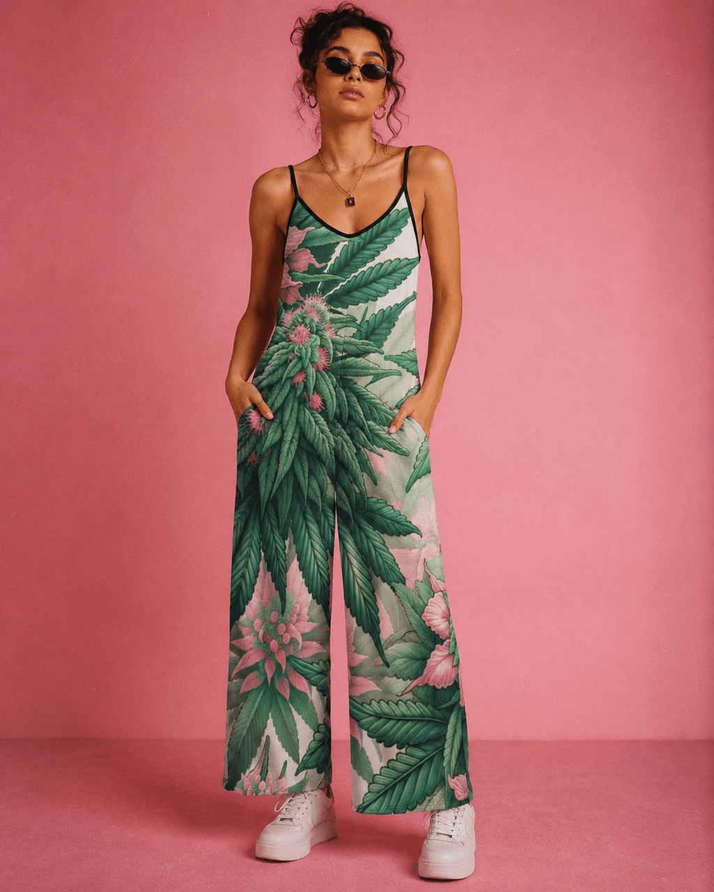 Jane Dope pink haze floral print long jumpsuit, front view on model