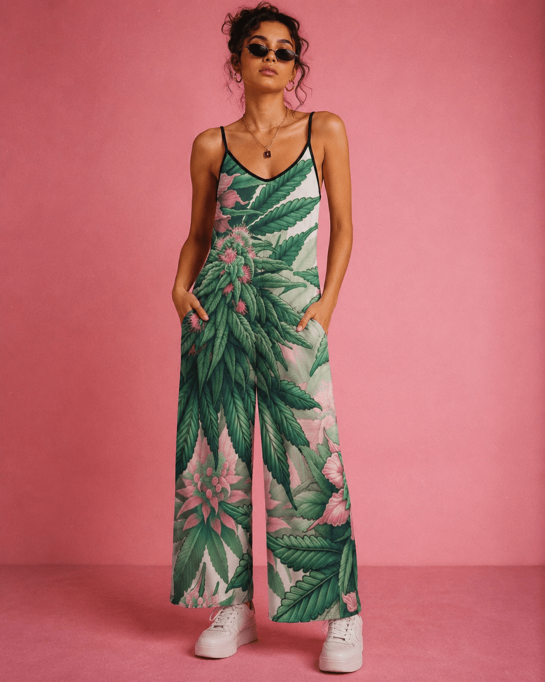Jane Dope pink haze floral print long jumpsuit, front view on model