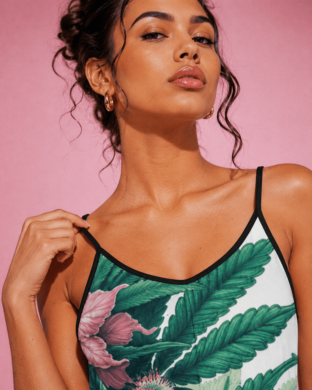 Pink haze floral print long jumpsuit, walking shot on model