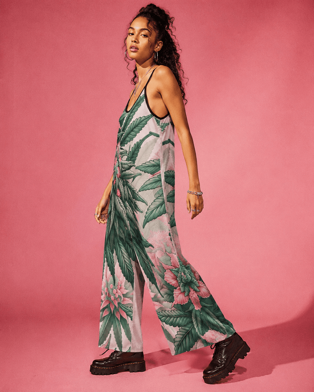 Pink haze floral print long jumpsuit, three-quarter view on model