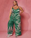 Pink haze floral print long jumpsuit, full length view on model outdoors