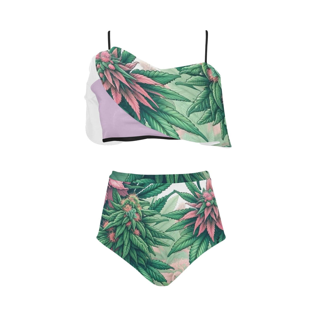 Pink haze floral print ruffle bikini, top detail close-up