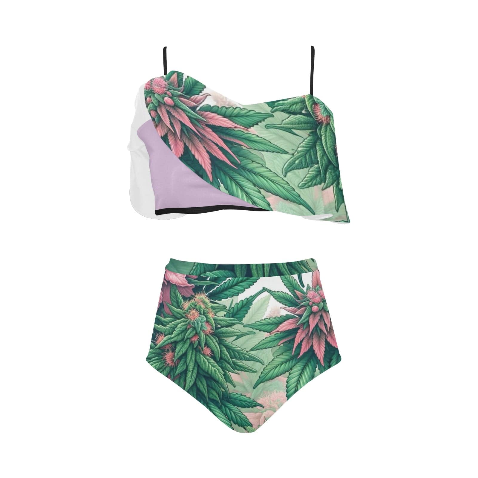 Pink haze floral print ruffle bikini, top detail close-up