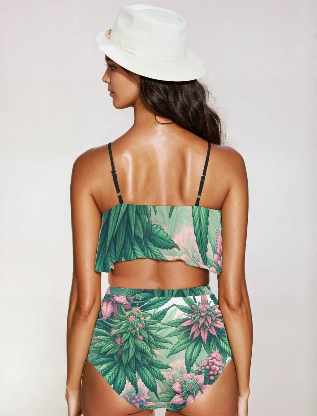 Pink haze floral print ruffle bikini, ruffle detail close-up