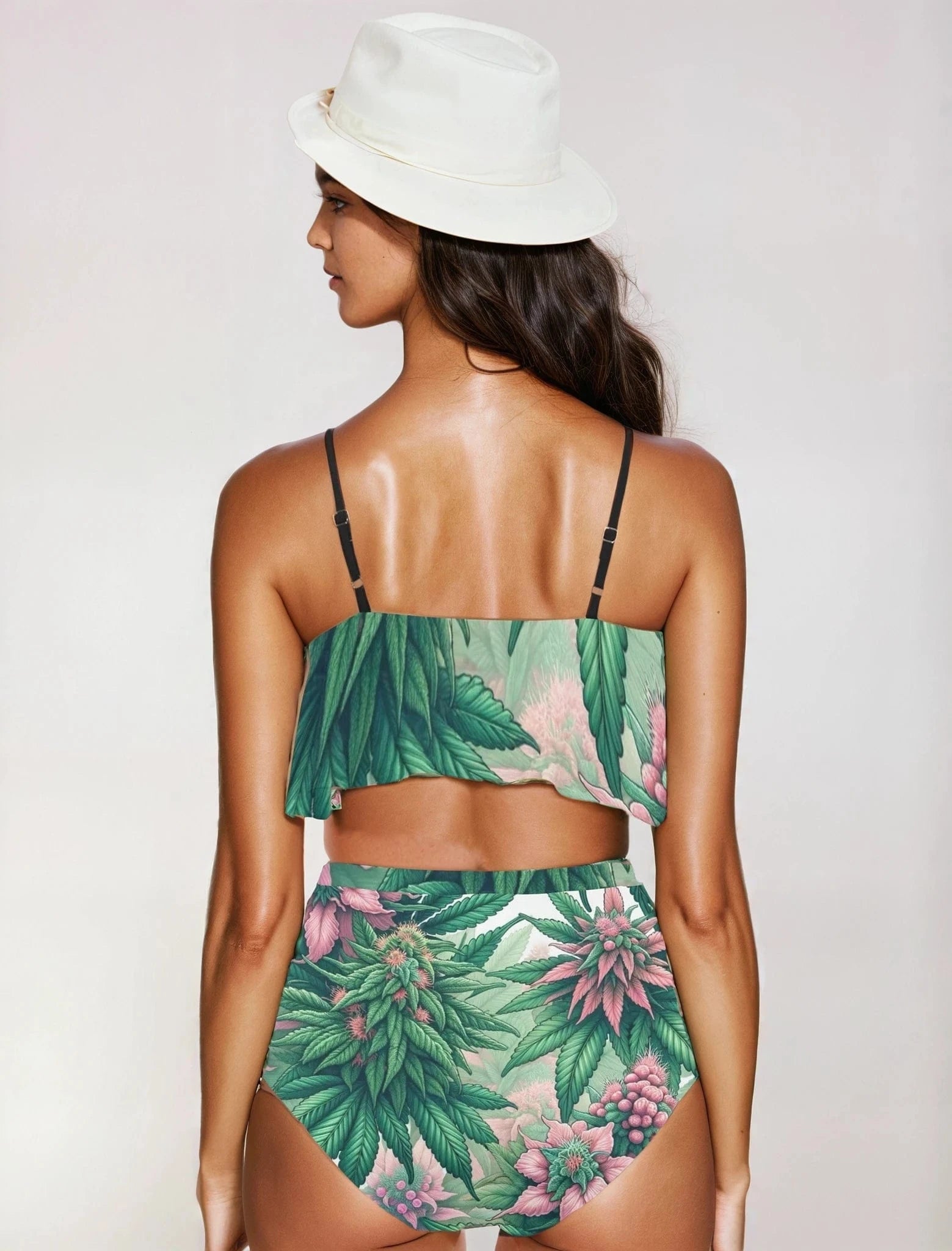 Pink haze floral print ruffle bikini, ruffle detail close-up