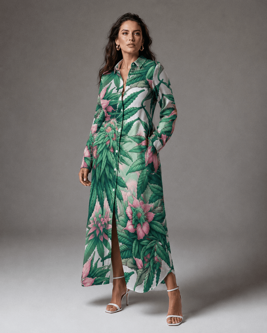 Pink floral print shirt dress, side view on model showing silhouette