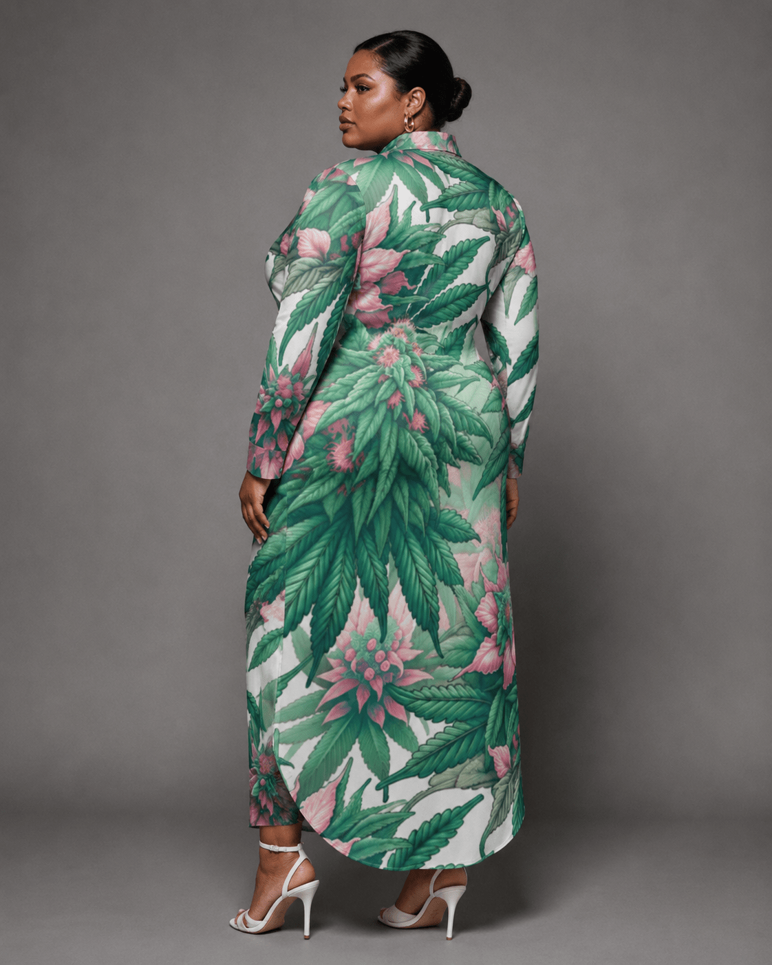 Pink floral print shirt dress, walking shot showing hem movement
