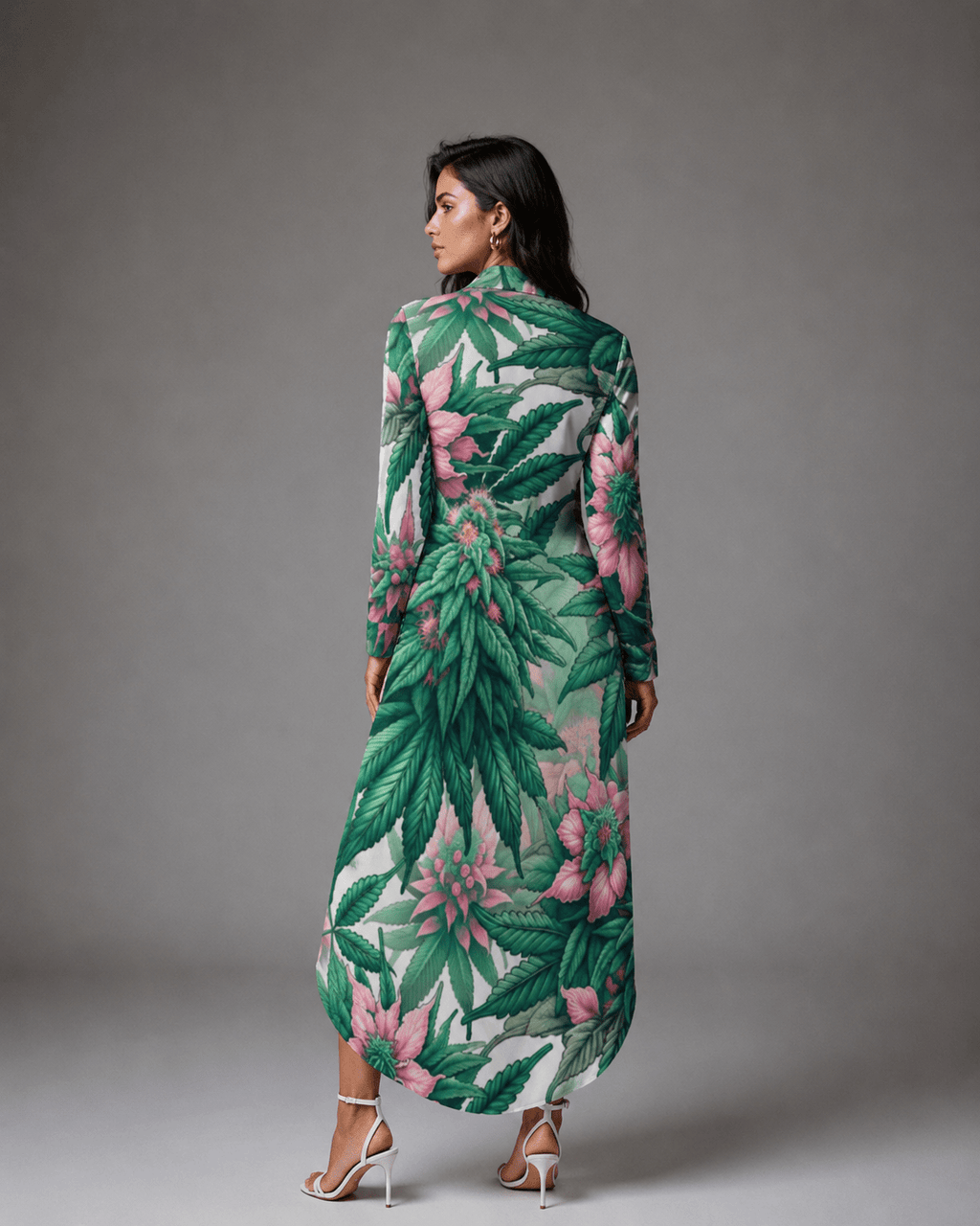 Pink floral print shirt dress, back view on model