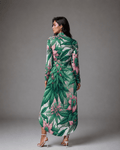Pink floral print shirt dress, back view on model