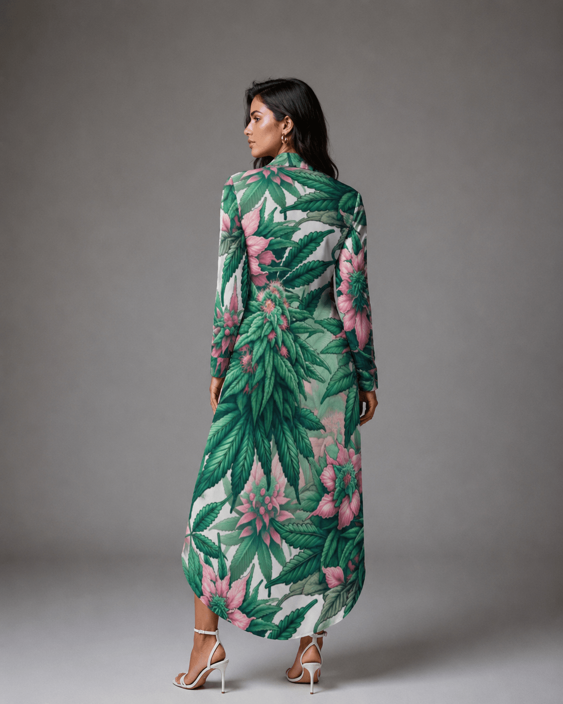 Pink floral print shirt dress, back view on model