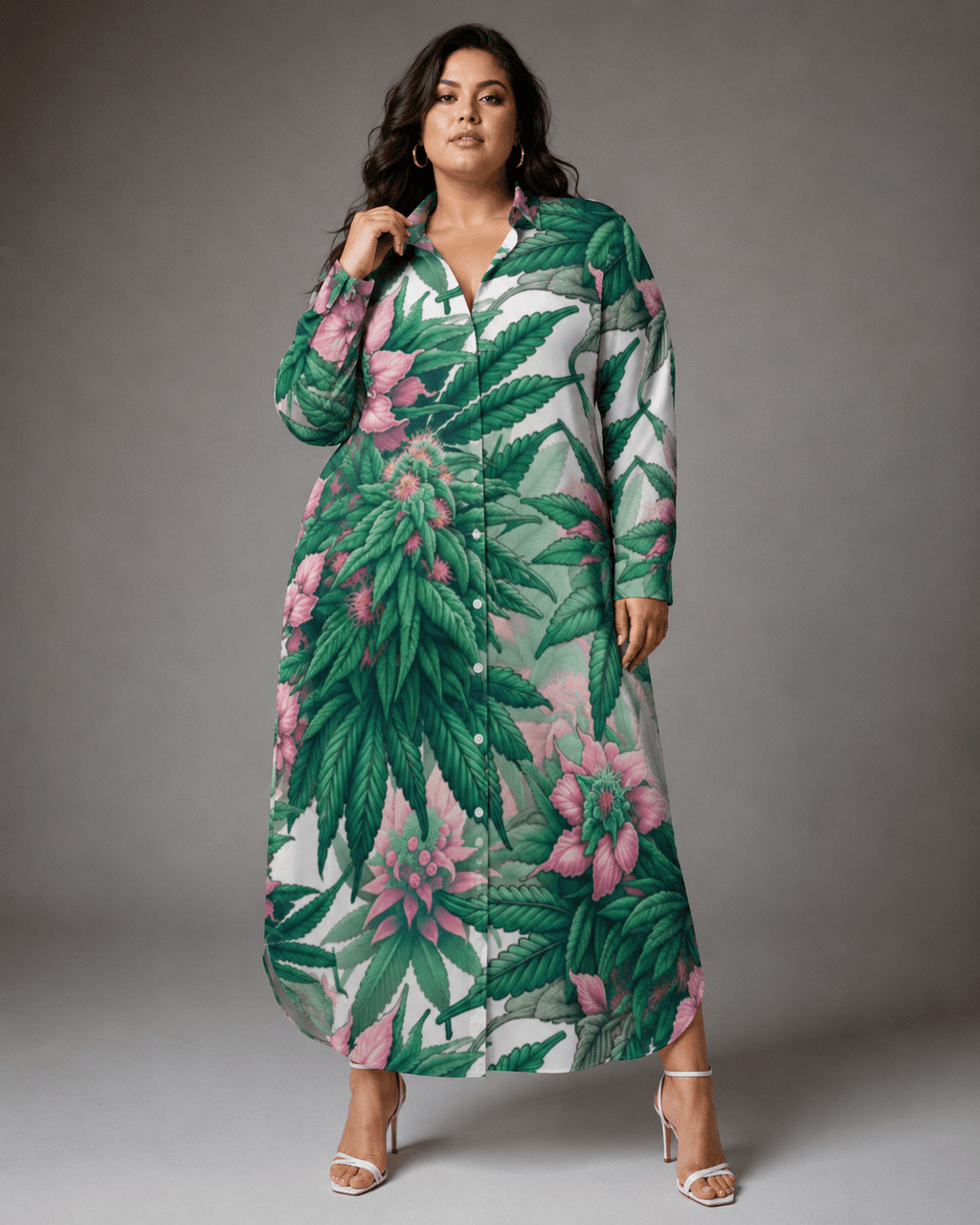 Pink floral print shirt dress, close-up showing button and collar detail