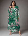 Pink floral print shirt dress, close-up showing button and collar detail