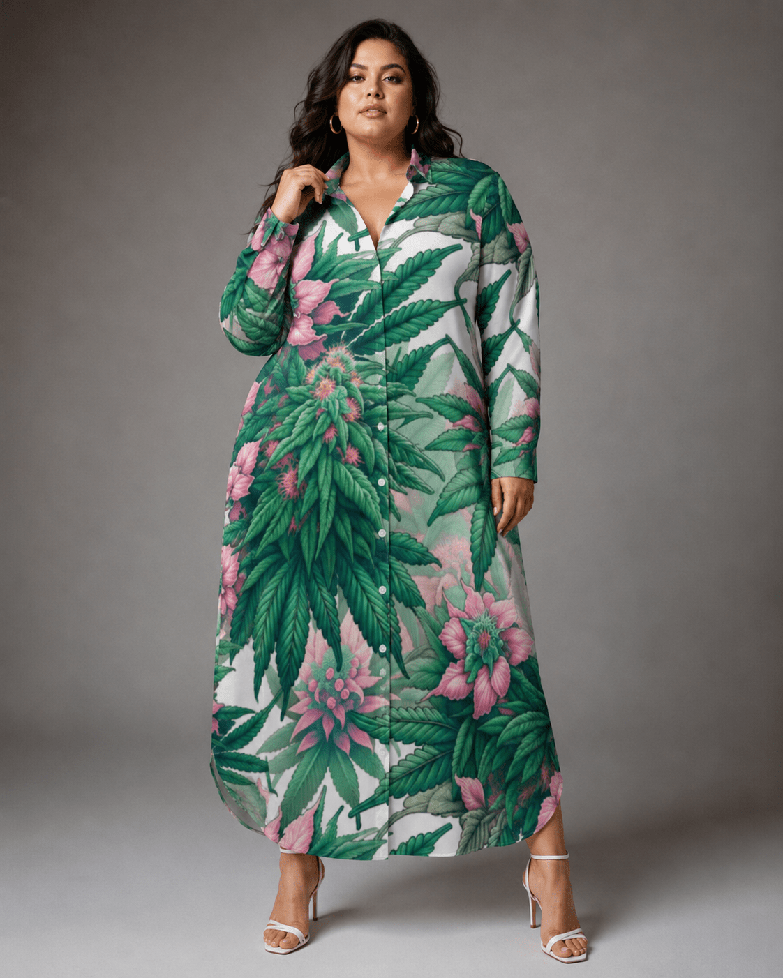 Pink floral print shirt dress, close-up showing button and collar detail