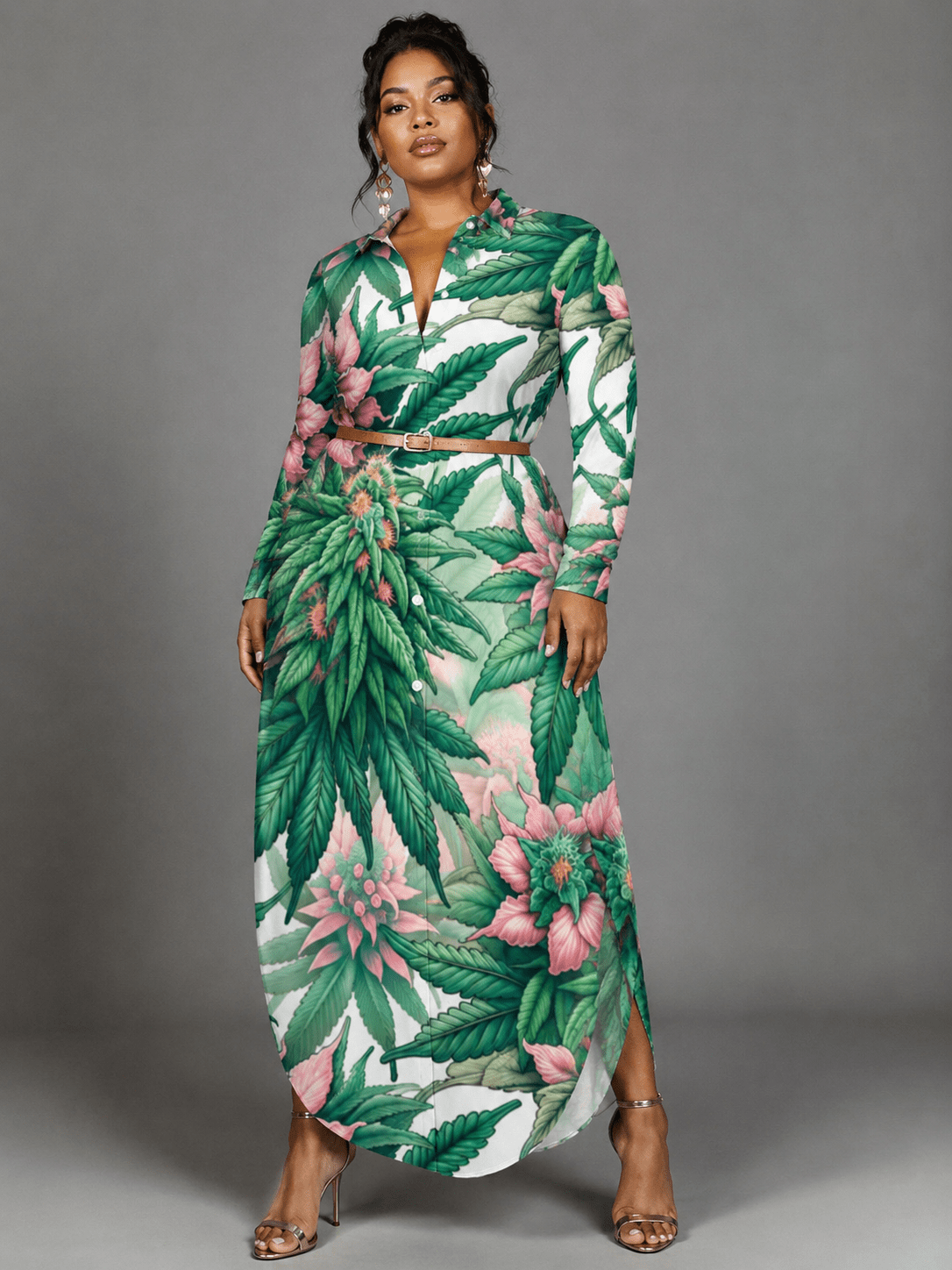 Pink floral print button-through shirt dress, front view on model