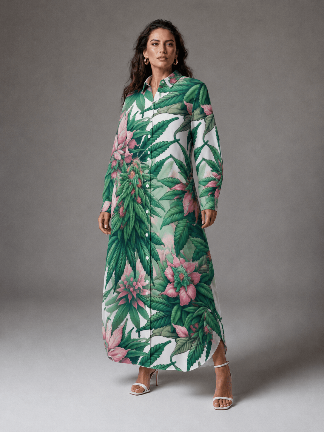 Pink floral print shirt dress, three-quarter view on model