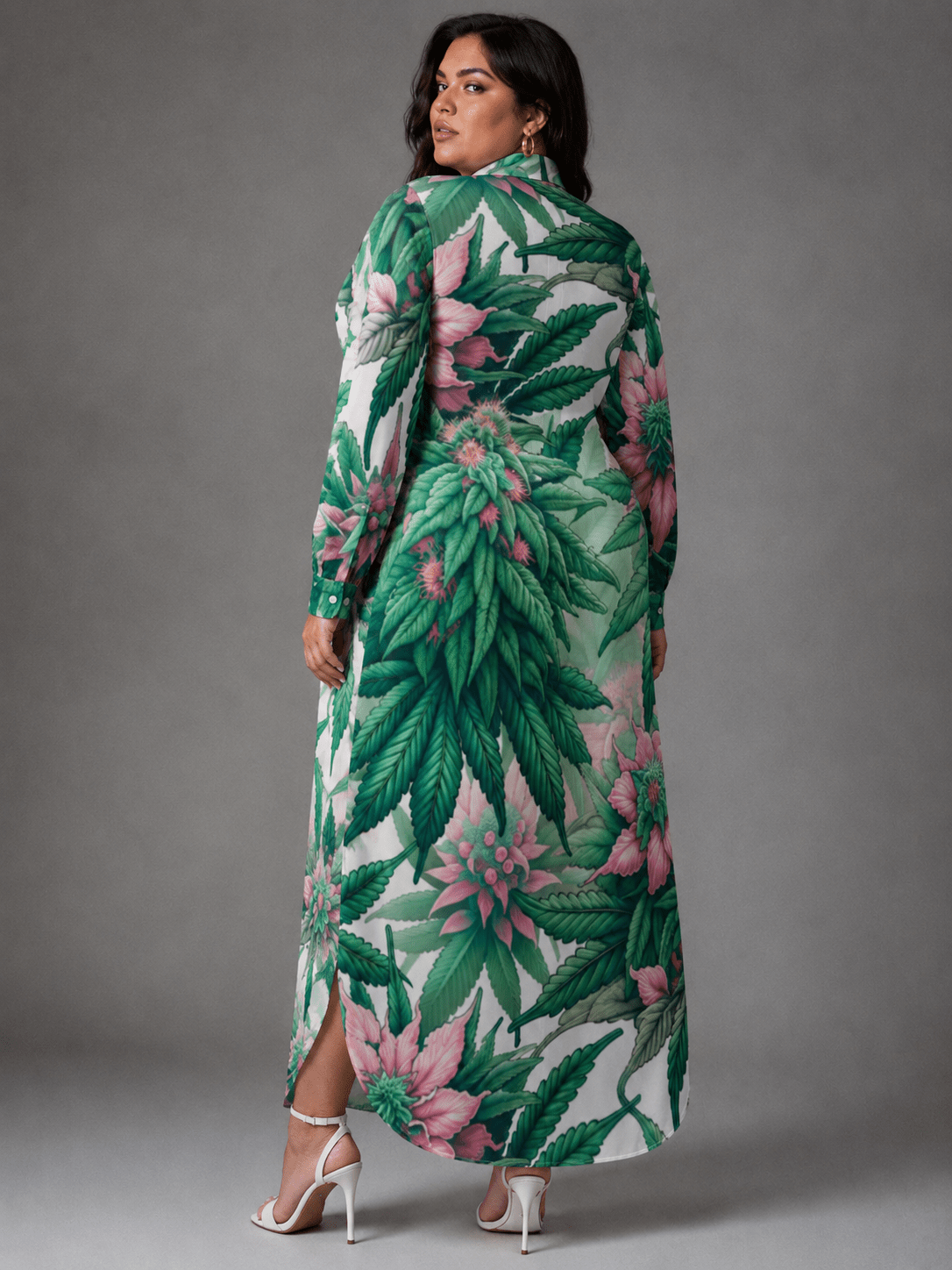 Pink floral print shirt dress, lifestyle editorial shot on model
