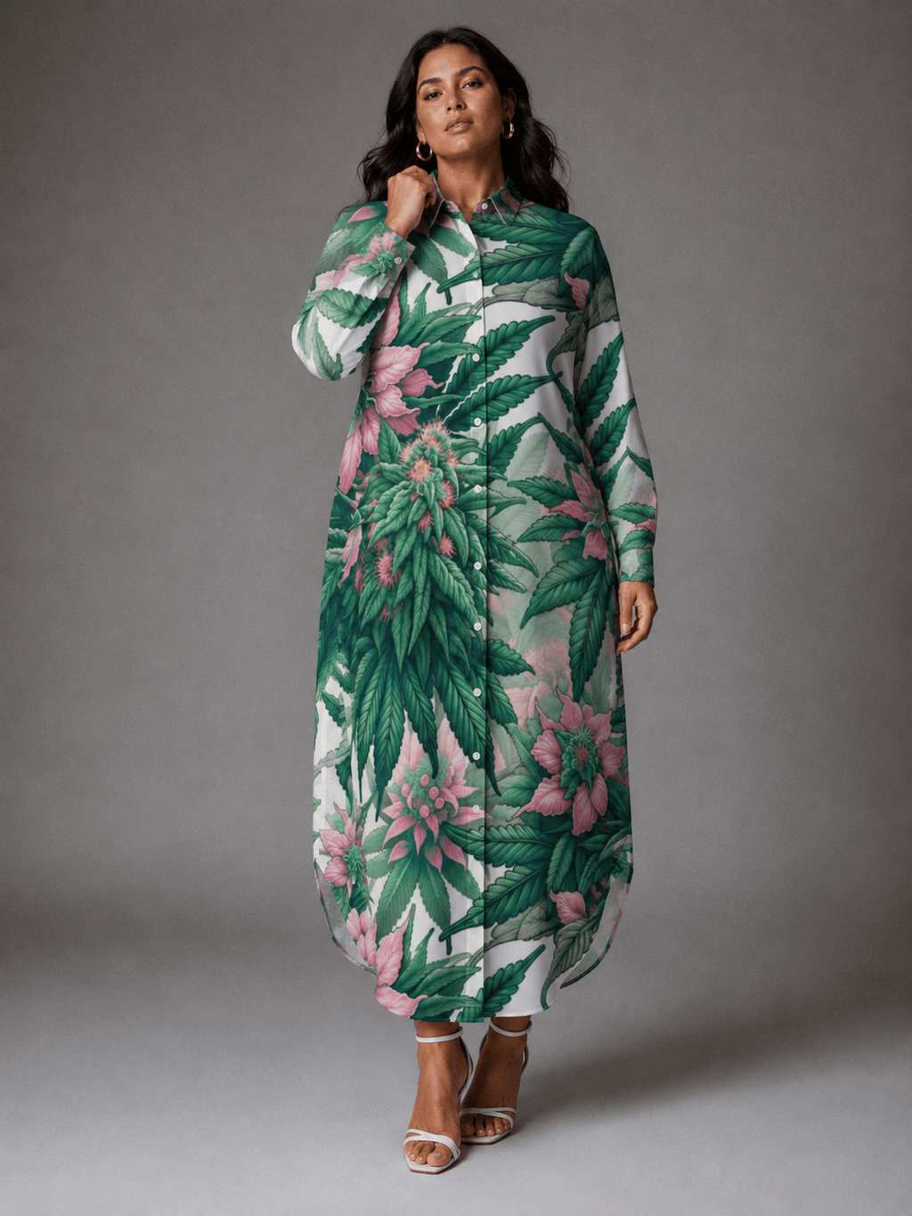 Pink floral print shirt dress, full length view on model outdoors