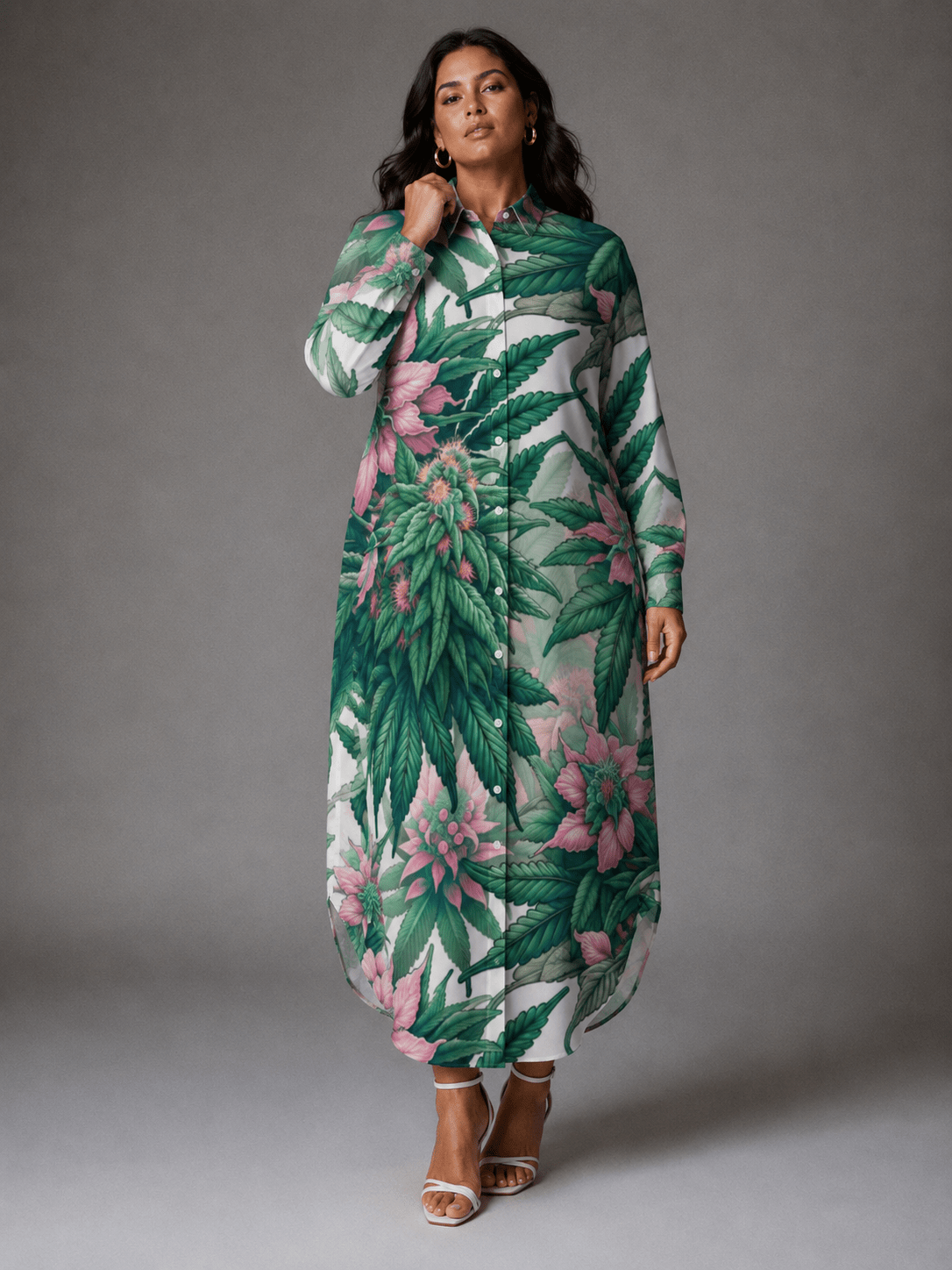 Pink floral print shirt dress, full length view on model outdoors