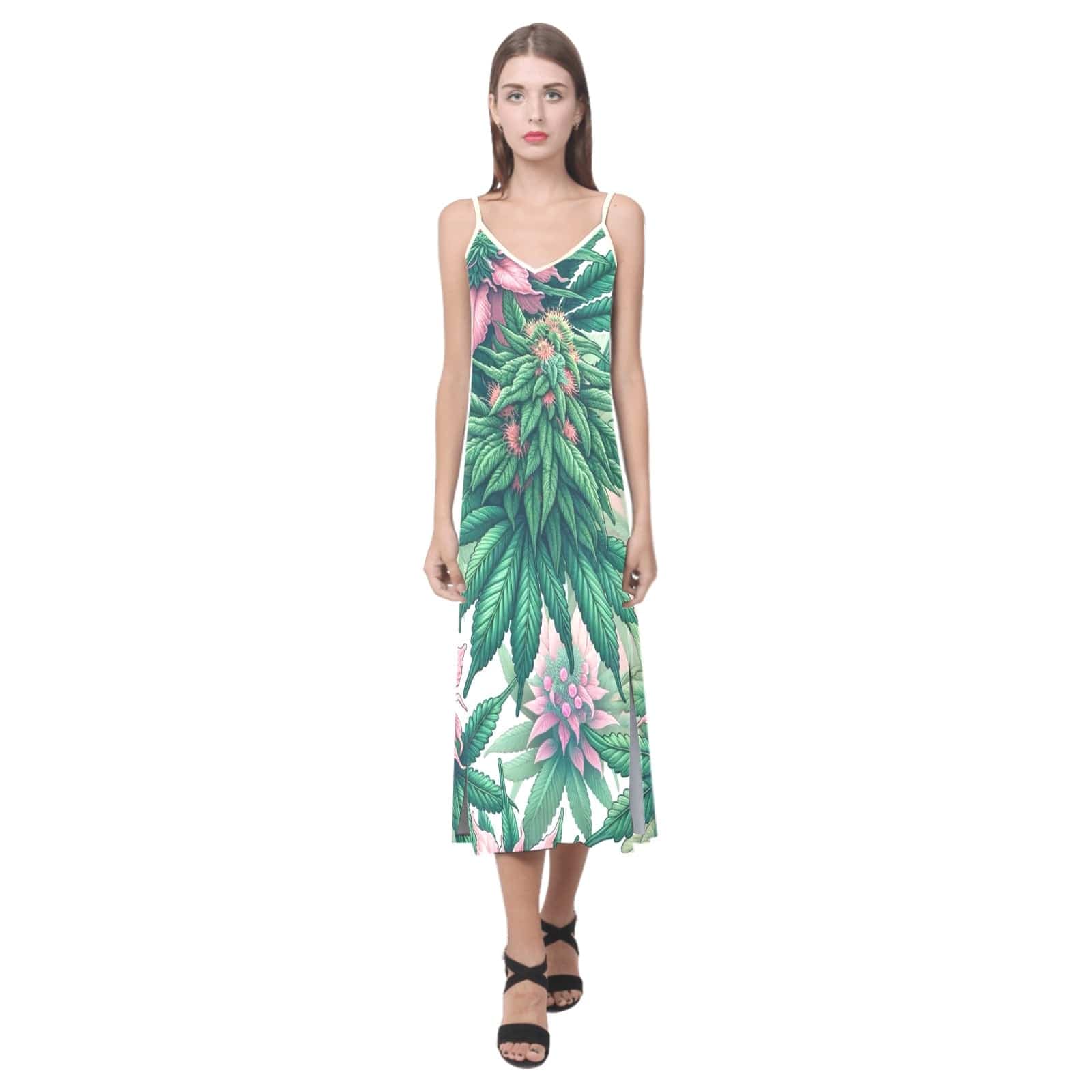 Pink Haze Silky Dress V-Neck Open Fork Long Dress( D18)