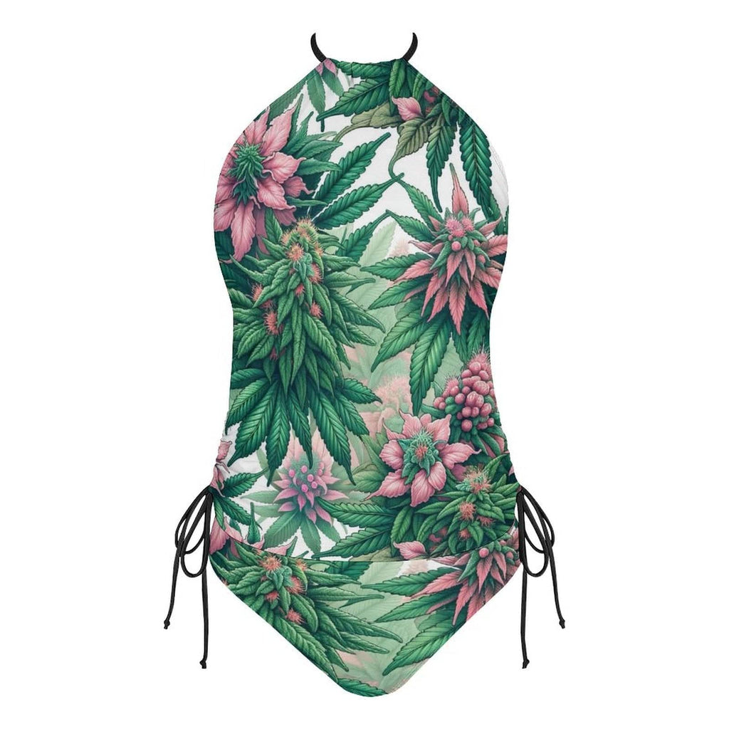 Pink haze print halter tankini bikini, top detail close-up
