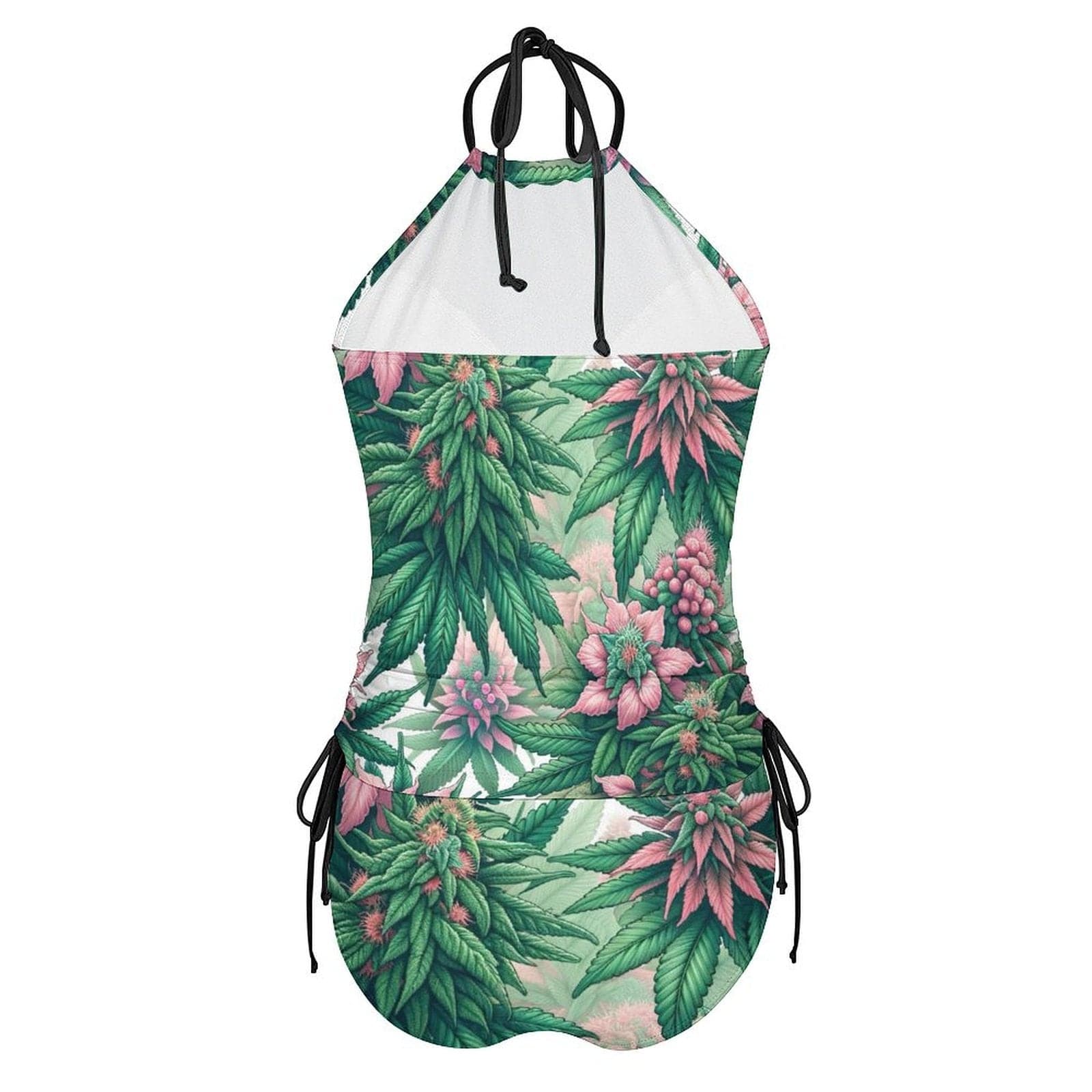 Pink haze print halter tankini bikini, bottoms detail close-up