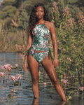 Pink haze floral print halter tankini bikini, lifestyle beach shot